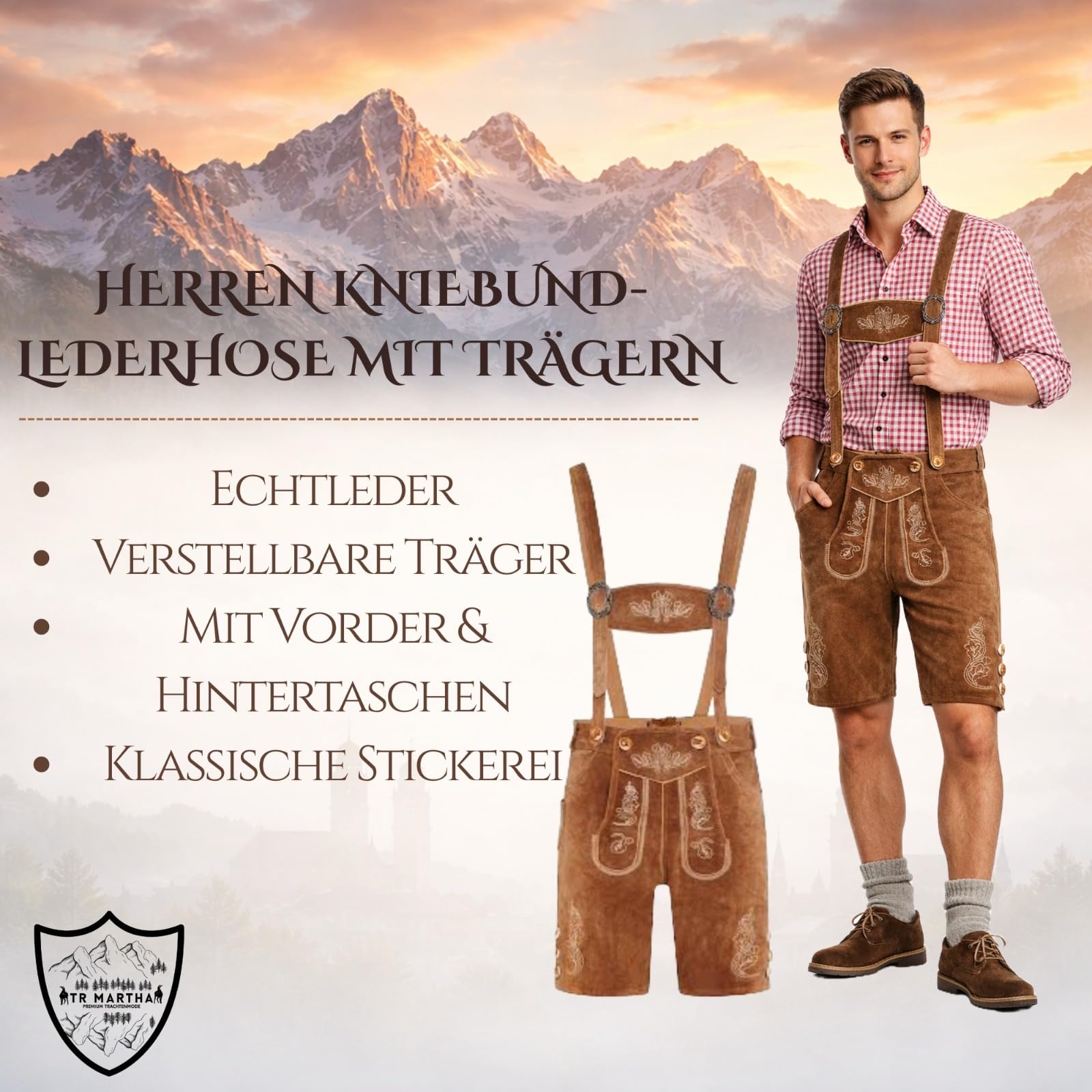 Trachten Herren Lederhose Kurz Mit Trägern In Dunkelbraun, Größe 46-60, Oktoberfest Lederhose
