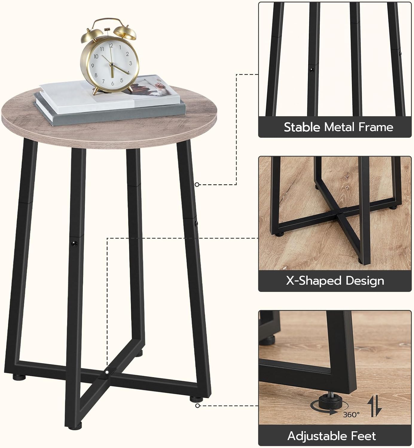 HOOBRO Side Table, Round End Accent Table with Sturdy Metal Pedestal, 15.7" Round Nightstand, for Living Room, Bedroom, Balcony, Office, Greige BG95BZ01