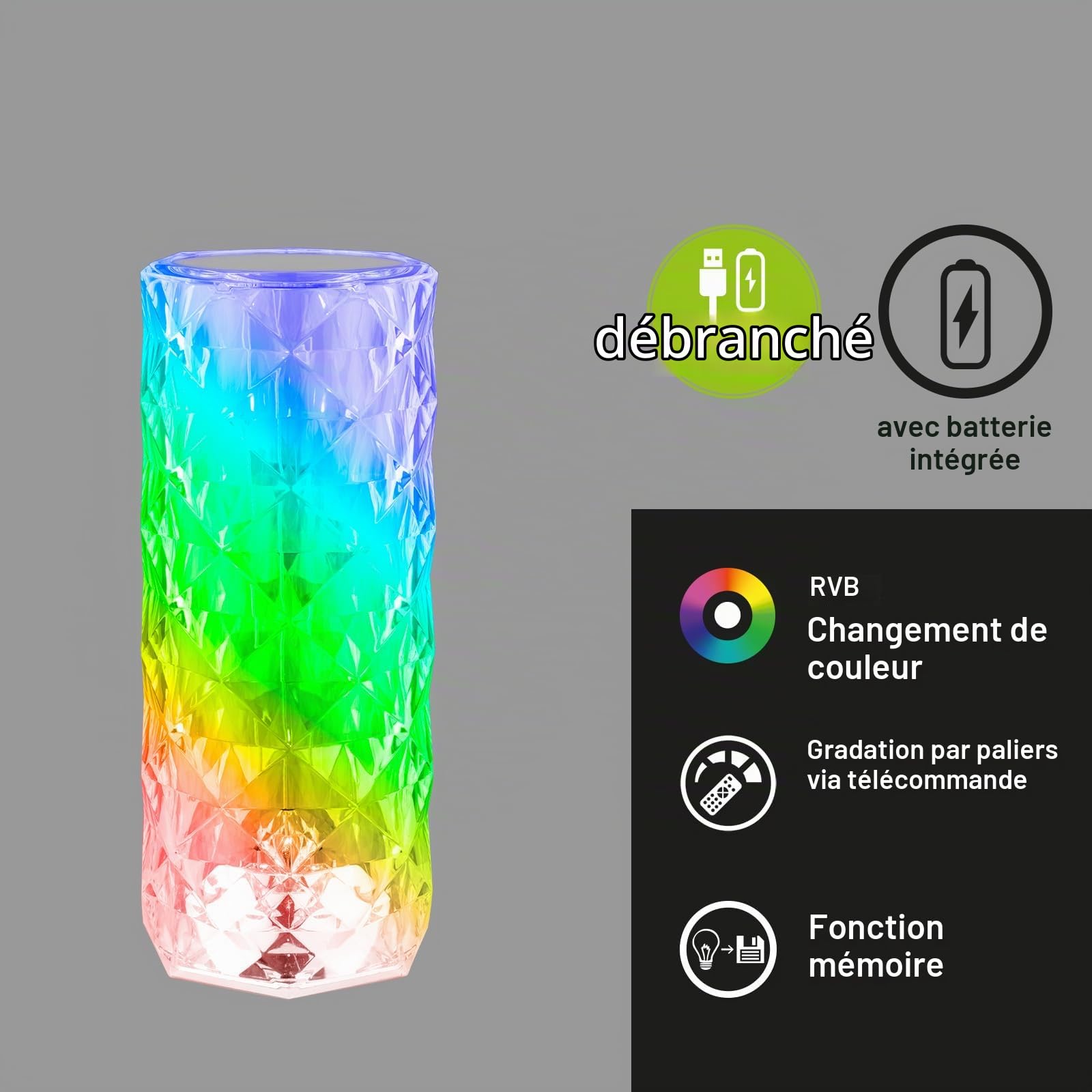 BRILONER - Lampe de chevet à batterie, Lampe de table sans fil, Lampe LED RGB avec télécommande, Lampe de table cristal touch, Lampe de lecture de camping, Transparent, Câble USB-C, 215x90mm (HxD)