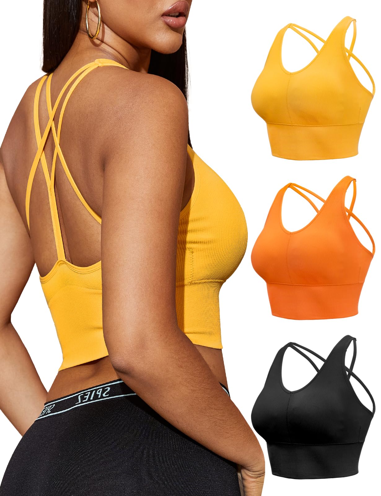 SPIEZ 3 Pack Strappy Sports Bra for Yoga - Low Impact Workout Seamless Bras, Longline Criss Cross Ribbed Women's Bras Yellow