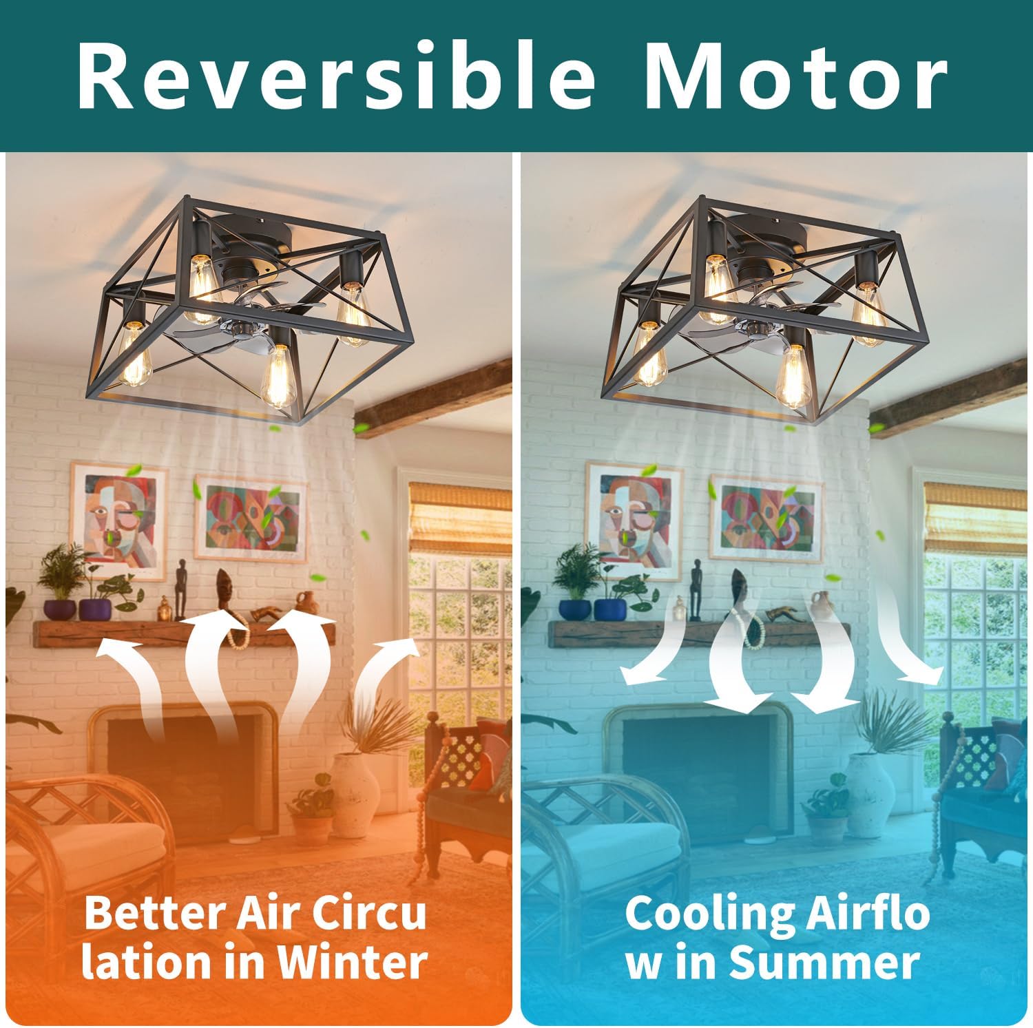 Farmhouse Cage Ceiling Fan with Light & APP/Remote Control, Quiet Motor Flush Mount Industrial Fandelier, 6-Speed Ceiling Fan for Bedroom Kitchen Garage (White)