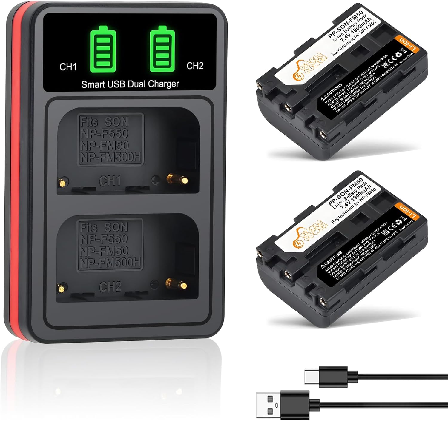 Pickle Power NP-FM50 Battery and Charger for Sony NP-FM30 NP-FM51 NP-QM50 NP-QM51 NP-FM55H Battery and M Type NP-FM50 Equivalent Camcorder/Digital Camera