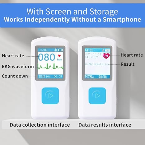 EKG Monitor Device, Personal Heart Rate Monitor with LCD Screen and Storage, Portable ECG Monitor Compatible with PC and Smartphone, Instant Results in 30 Seconds