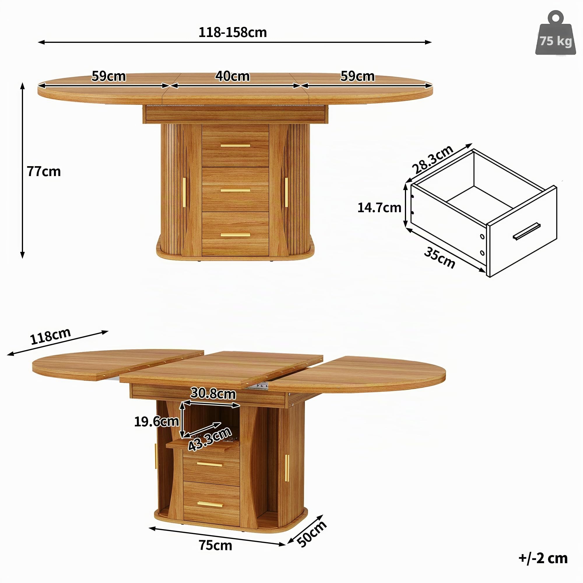 Table à Manger Extensible 118-158 cm, Table Ronde Salle Manger avec 2 Tiroirs, 3 Compartiments de Rangement, Table de Cuisine pour 6 Personnes, pour Cuisine Salon et Bureau, Finition Noyer