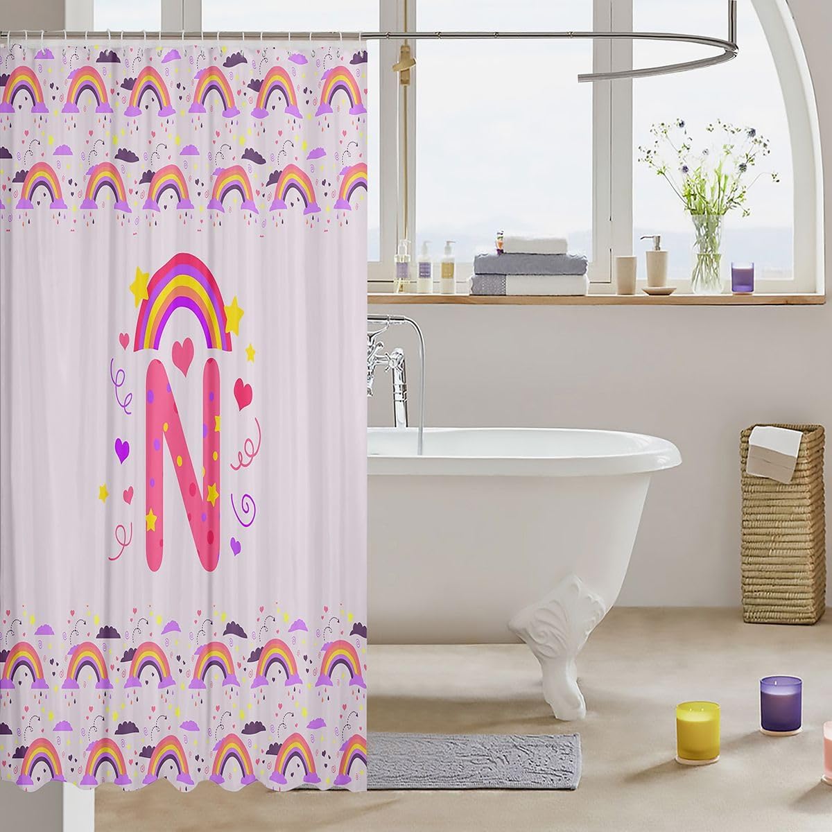 Feelyou Cute Purple Rainbow Shower Curtain for Bathroom Decor Personalized Initial N Bath Curtain for Stalls Bathtubs Heart Bathroom Accessories Love Waterproof Polyester Fabric with 12 Hooks 72"x72" image 3