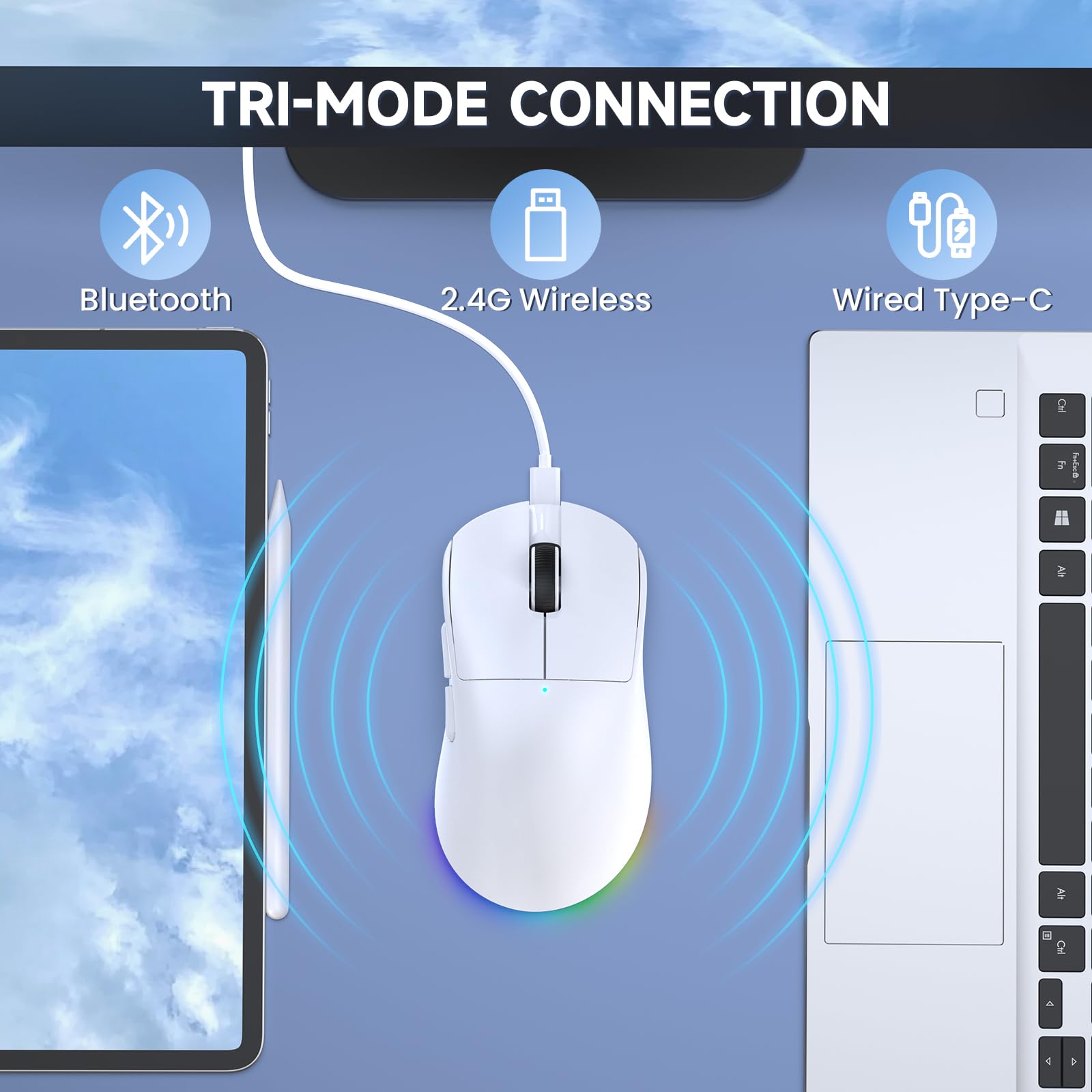 A.JAZZ NJ08 Tri-Mode Kabellose Gaming Maus, 1000Hz 70g Leicht, PC Mouse Mittel-Groß Ergonomisch, 12800 DPI 6 Stufen, Bluetooth/2.4G/USB-C, RGB Wiederaufladbar für Laptop/Mac - Weiß - 4