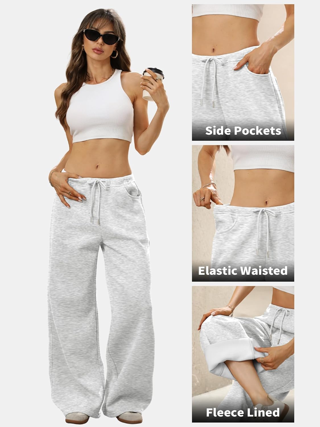 ELLEVEN Womens Wide Leg Fleece Lined Sweatpants – Low Rise Drawstring Baggy Cotton Lounge Pants with Pockets, Warm and Cozy - Image 6