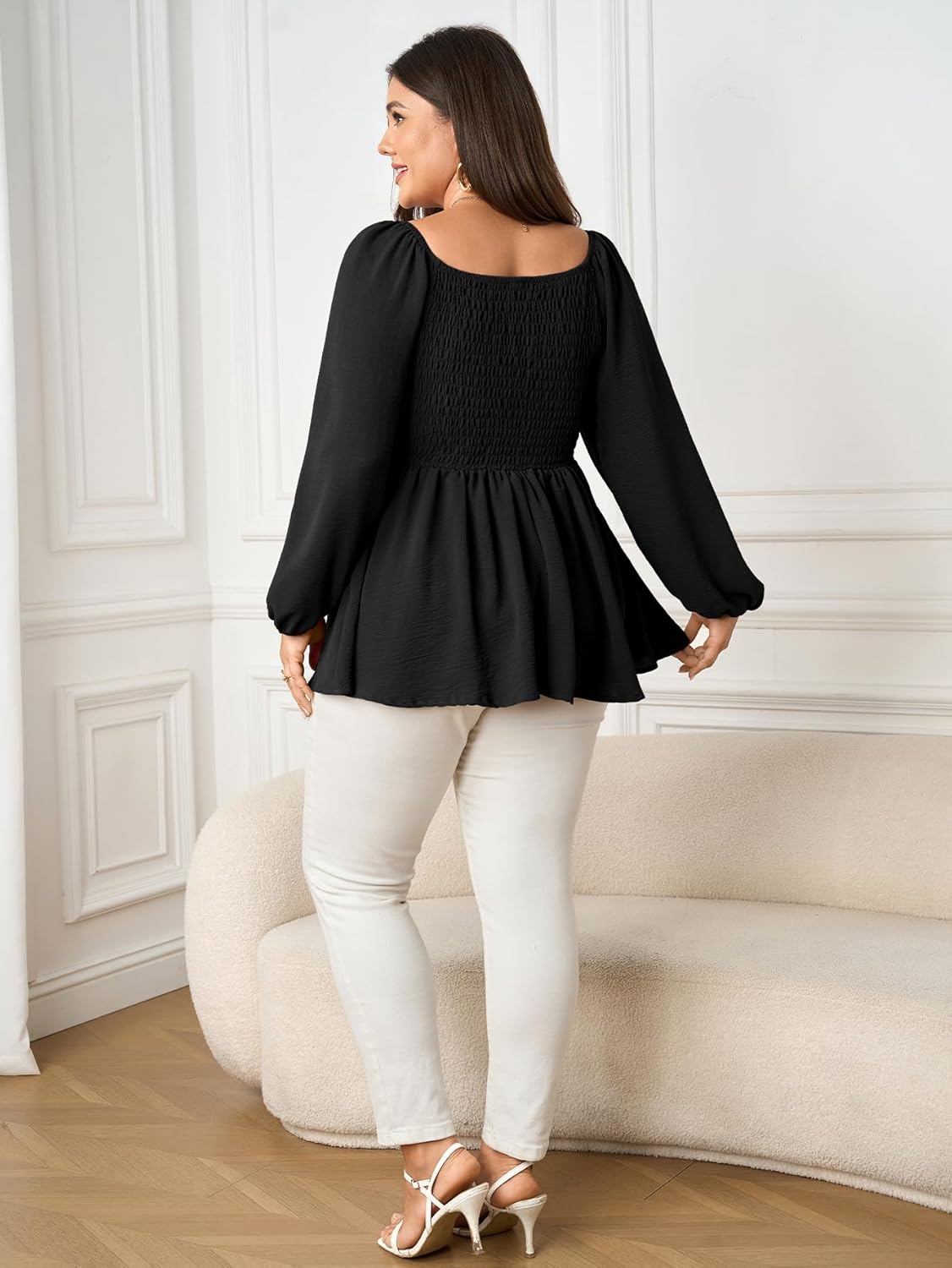 SCOMCHIC Women's Plus Size Blouses Long Sleeve Sweetheart Neckline Babydoll Ruffle Peplum Smocked Cute Casual Fall Tops - Image 5