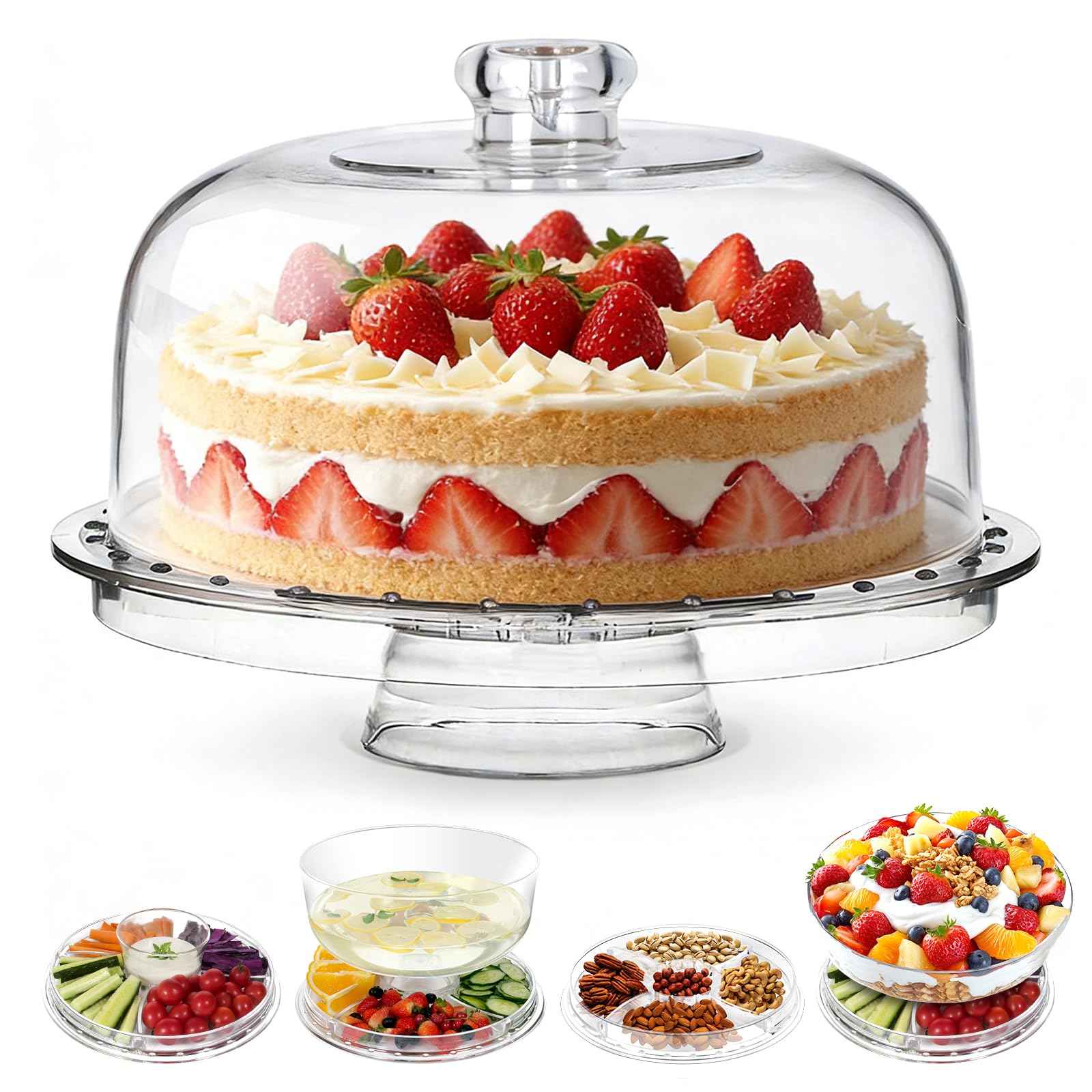 Masthome Cake Stand with Dome Lid, 6 in 1 Cake Display Stand, Plastic Cake Plate with Cover, Multifunctional Cake Stands for Salad Bowl, Chip Dip Server, Cupcake Display - Send 2 Spoons