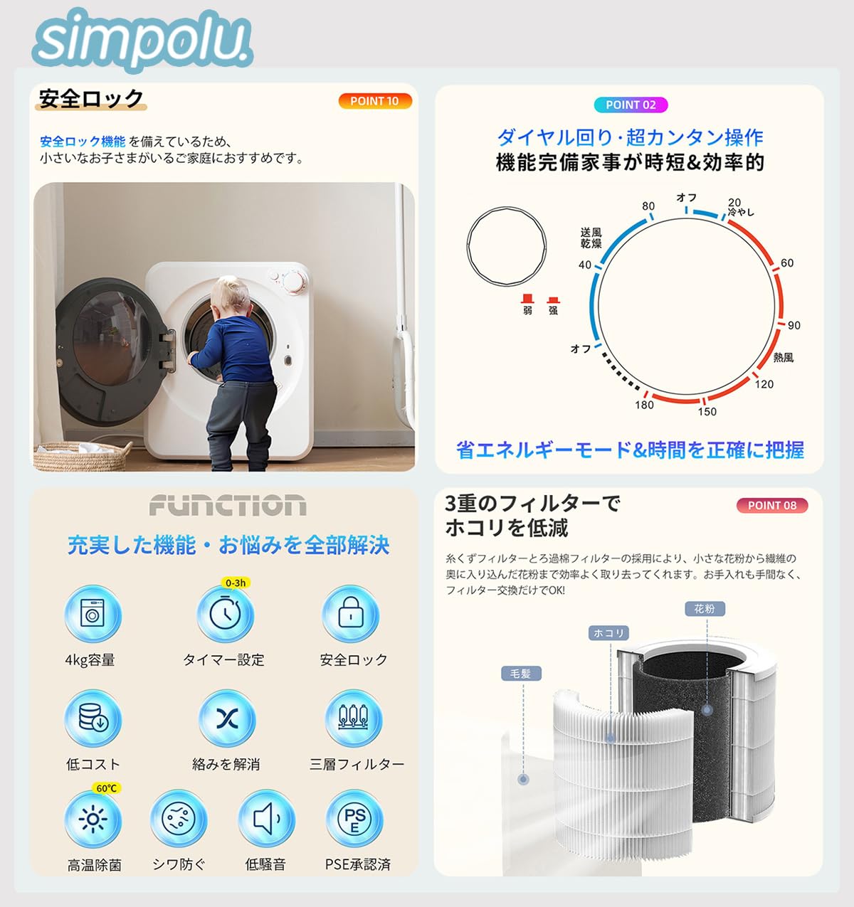 Amazon | Simpolu 小型 衣類乾燥機 4kg ダイヤル式 除湿 壁掛け 布団