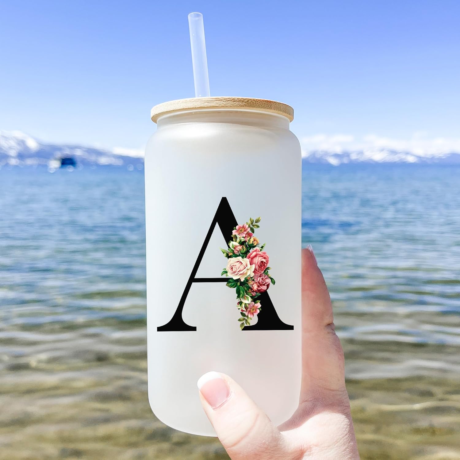 Personalized Glass Cups with Lids and Straws, Monogrammed Gifts for Women, Custom Tumbler, Cute Customized Mug, Aesthetic Stuff, Initial Iced Coffee Cup, Birthday Bridesmaid Gifts, M - Image 2