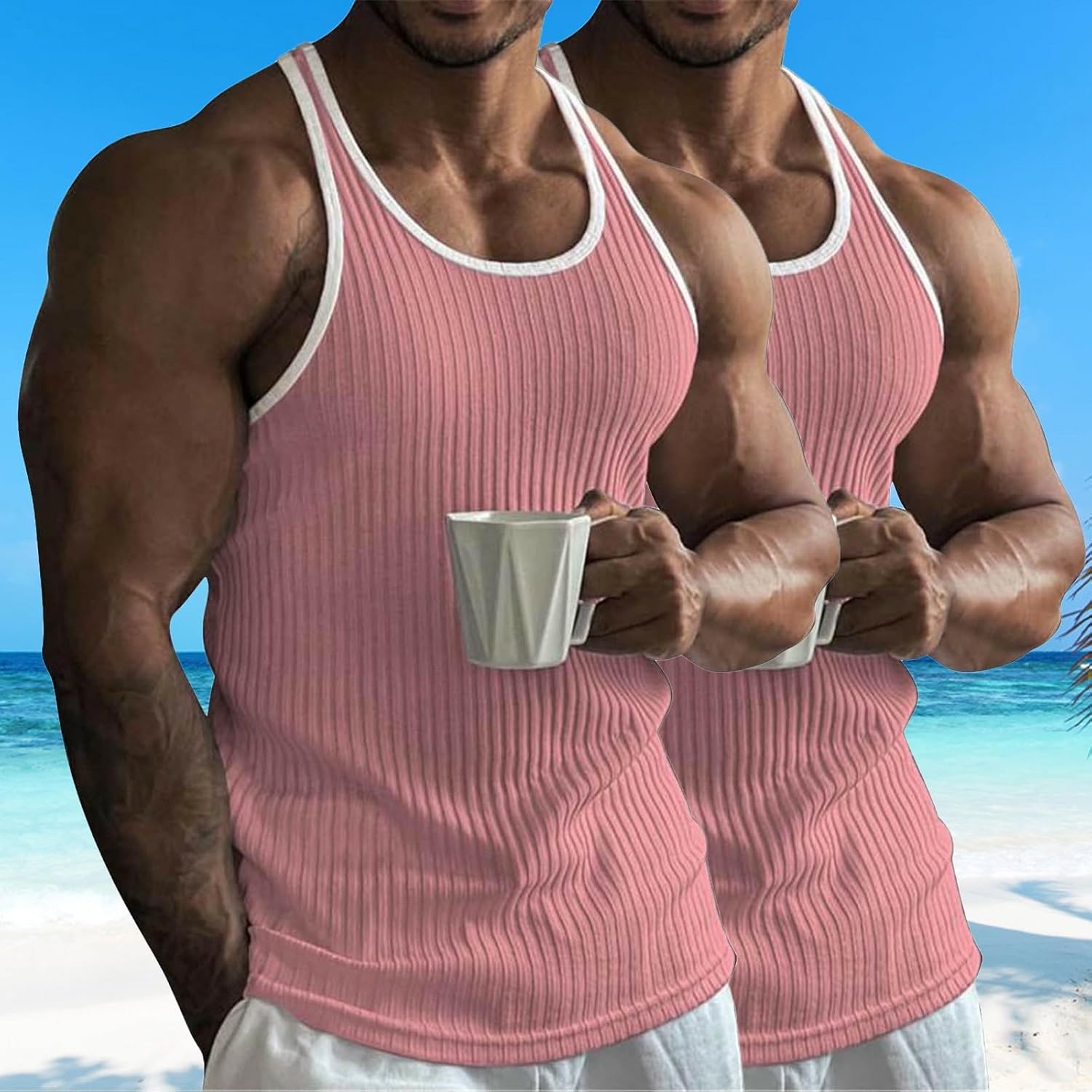 Mens Ribbed Tank Top Vertical Striped Racerback Tank Tops Workout Sleeveless Shirts Athletic Sports Bodybuilding Vest
