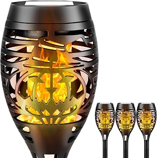 4 Pack Solar Torch Light with Flickering Flame, Outdoor Waterproof Solar Pumpkin Halloween Lights Decorations, Solar Torches Jack-O-Lantern Path Lights for Halloween Decor