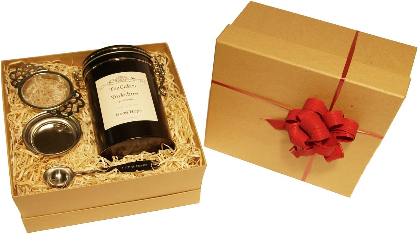 Rooibos Tea Good Hope Gift Set Loose Leaf Wrapped 100g in Caddy with Tea Strainer and Measuring Spoon by TeaCakes of YorkshireRainforest AllianceRainforest AllianceRainforest AllianceRainforest Alliance