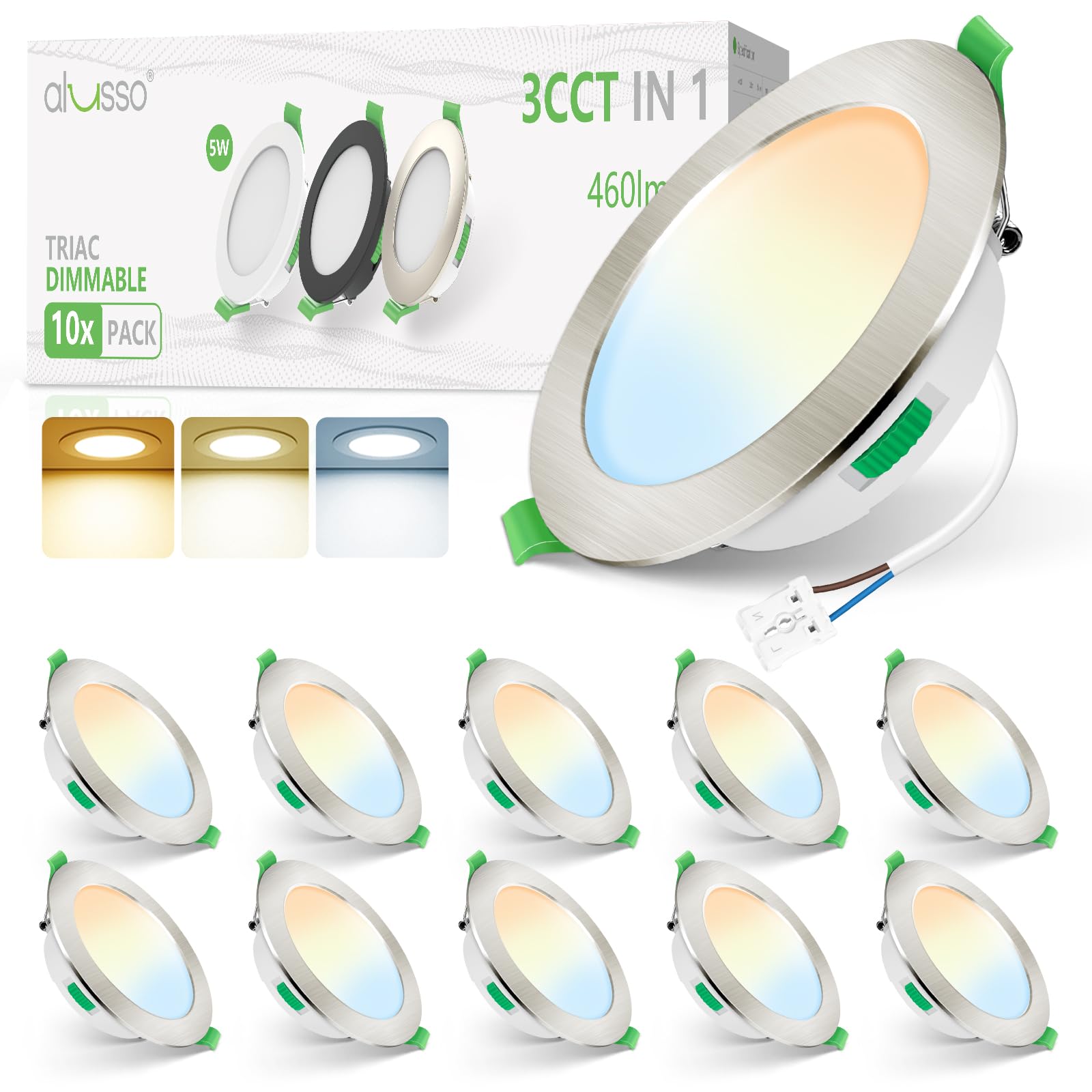 ALUSSO Einbaustrahler LED 230V 3CCT Dimmbar 68-78mm 5W 10er Set | 440LM LED Spots, 3000K Warmweiß 4000K Neutralweiß 6500K Kaltweiß Einbauleuchten, IP44 Deckenspots für Badezimmer Küche