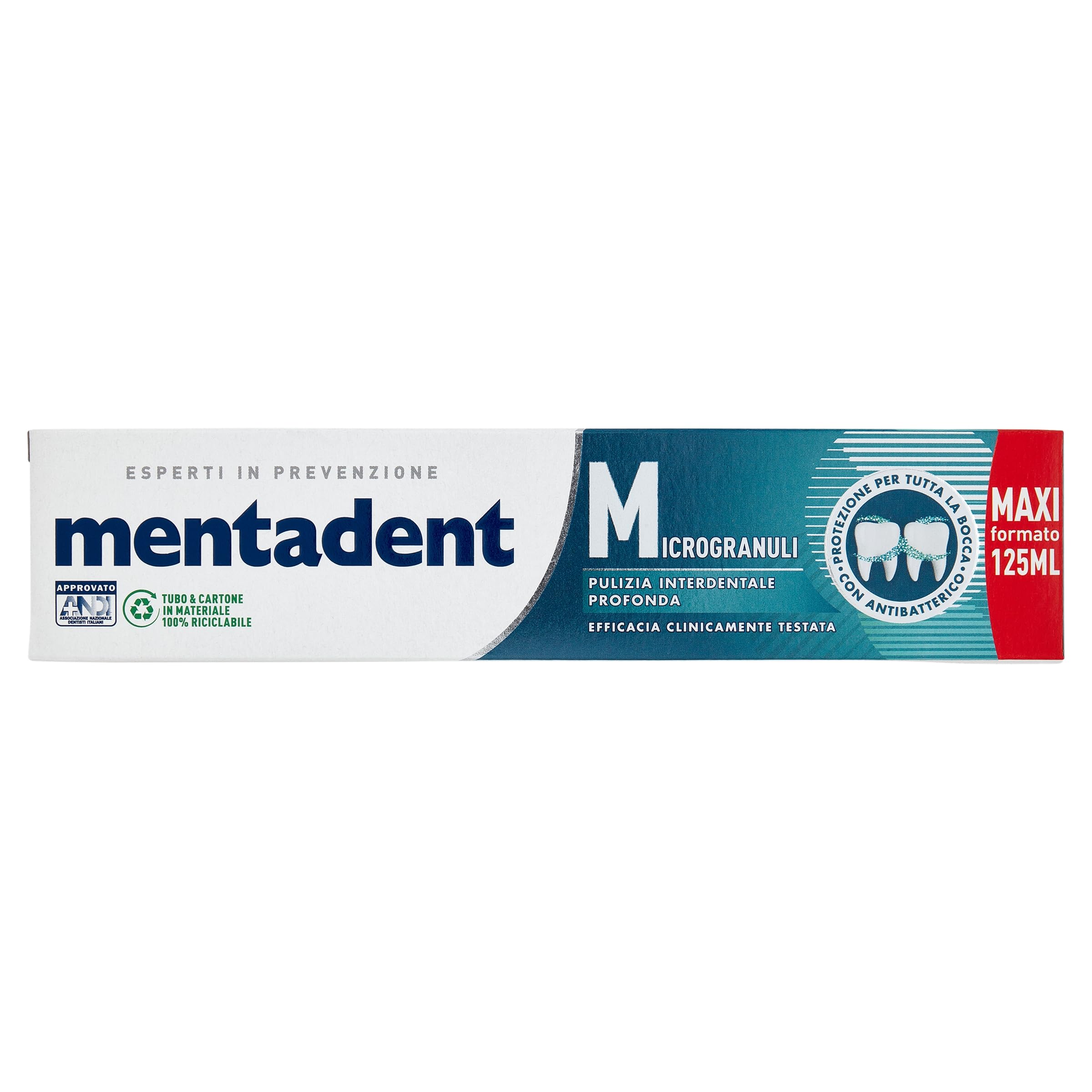 Mentadent Microgranuli Dentifricio, con Zinco Antibatterico, con Soffici Microgranuli per Pulizia Interdentale Profonda e Azione Antiplacca Duratura, Protezione di Lunga Durata, 125 ml