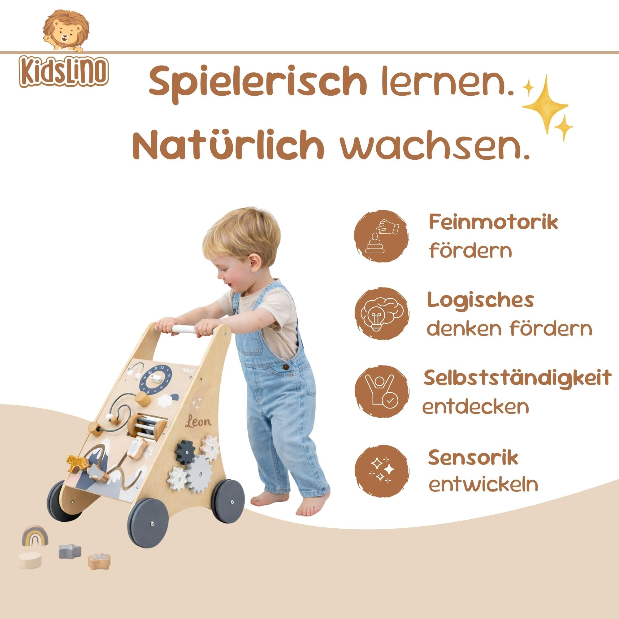 Personalisierter Lauflernwagen aus Holz mit Name – Sicherer Baby Schiebewagen für erste Schritte – Lauflernhilfe mit Bremse & Motorikspiel – Geschenk zum 1. Geburtstag für Mädchen & Jungen