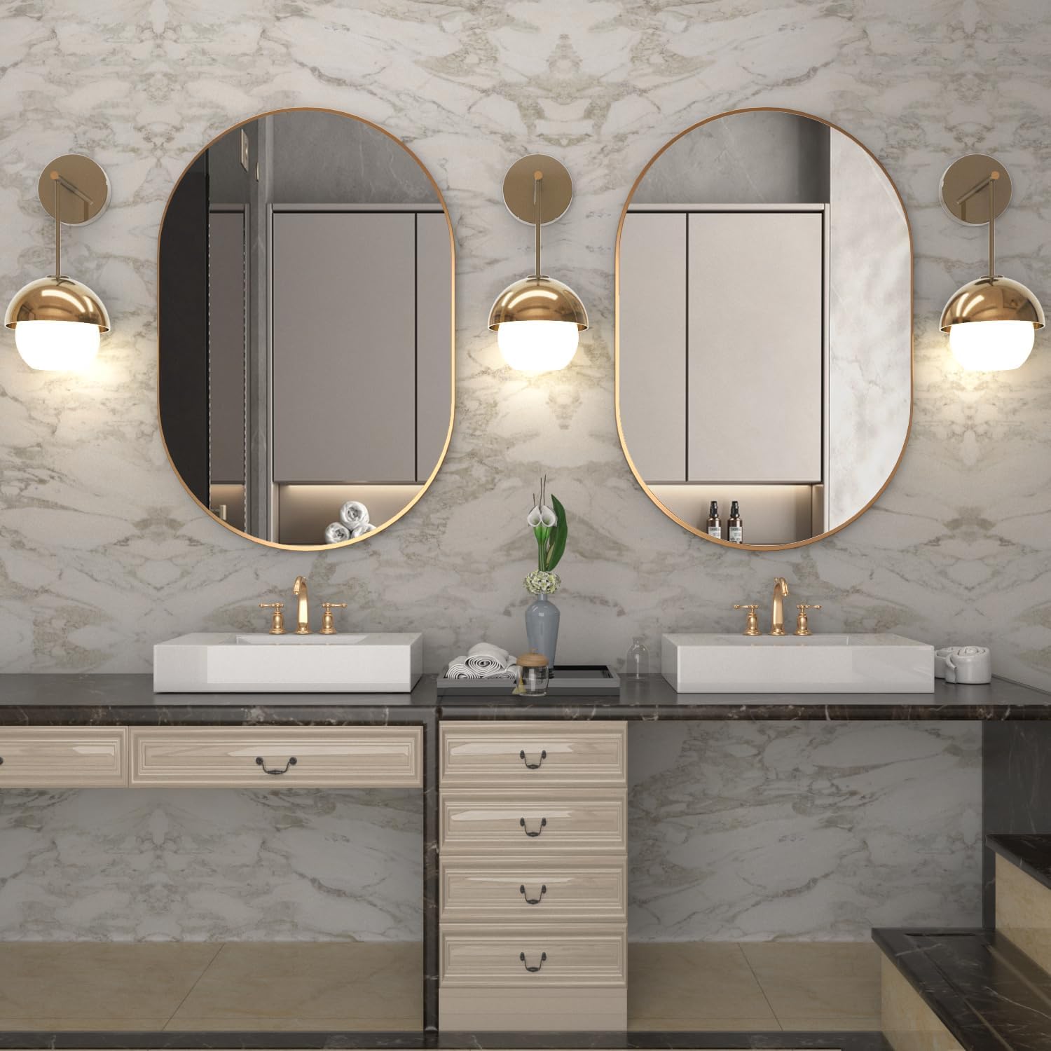 Ovale Miroir de Salle de Bain, 50x75cm Miroir Mural Ovale, Doré Miroirs Ovales pour Meubles Lavabos, Capsule Miroir Mural, Moderne avec Cadre en métal doré pour Chambre à Coucher