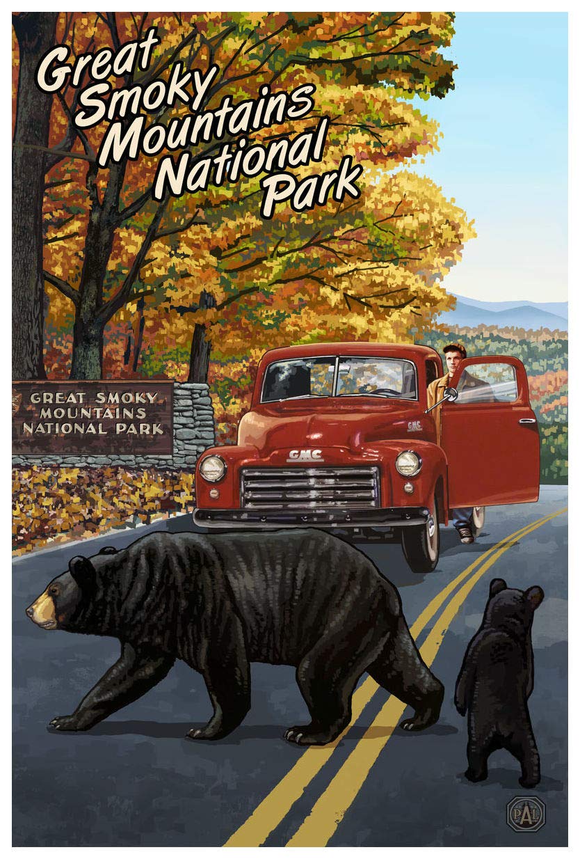Great Smoky Mountains National Park Truck With Sign Giclee Art Print Poster from Travel Artwork by Artist Paul A. Lanquist 12" x 18"
