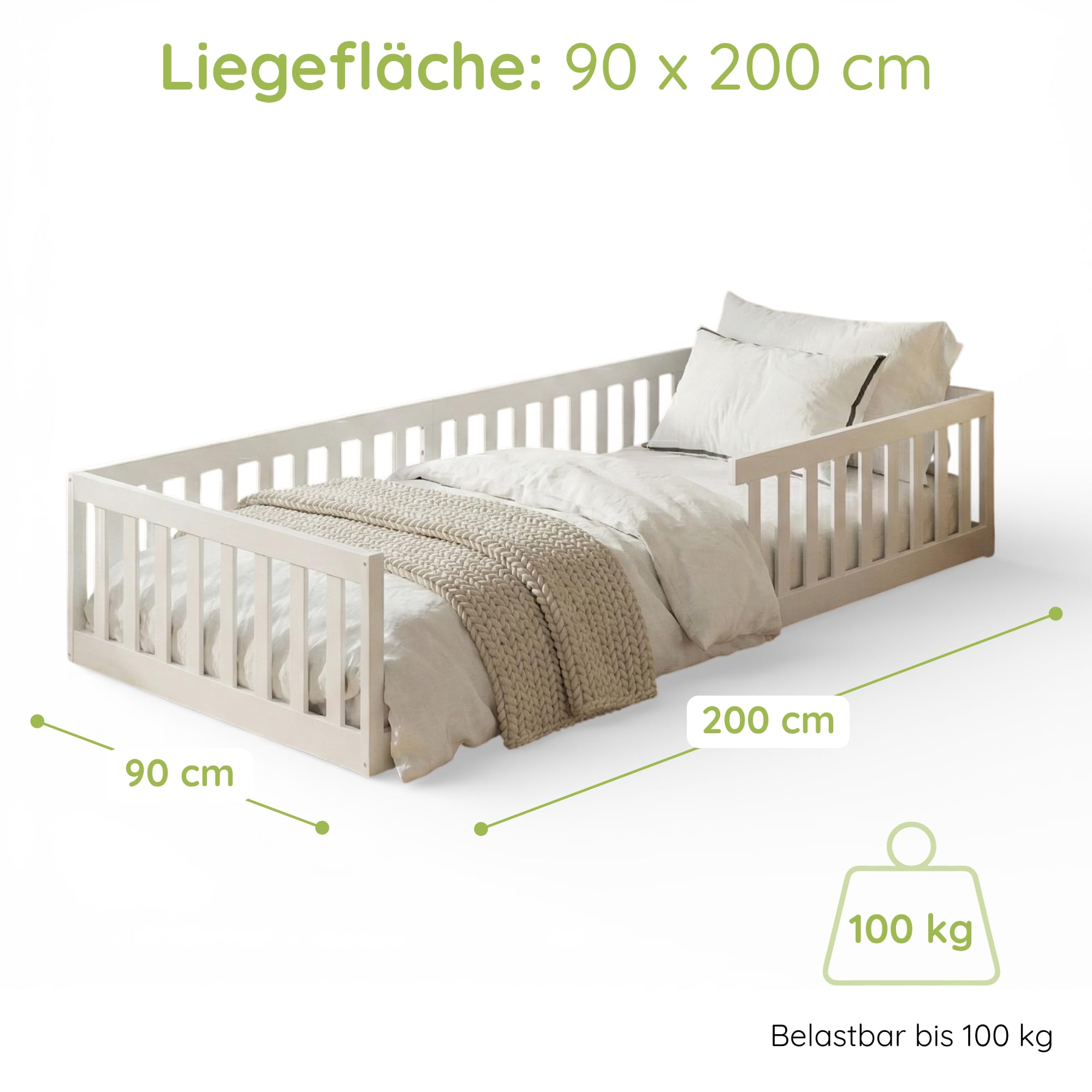 Kids Collective Kinderbett Bodenbett 90x200 cm mit Rausfallschutz & Lattenrost Montessori Bett Bed Gitterbett Kinder Jugendbett Einzelbett | Weiß | weitere Größen 120x200 140x200 cm