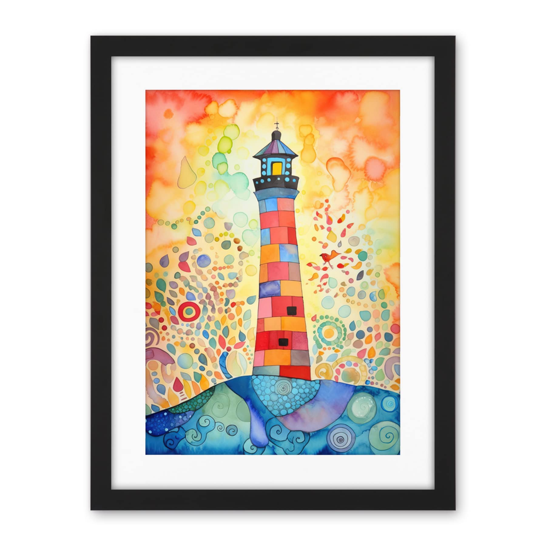 Artery8 Lighthouse At Sunset Dreamy Folk Art Watercolour Painting Artwork Framed Wall Art Print 18X24 Inch