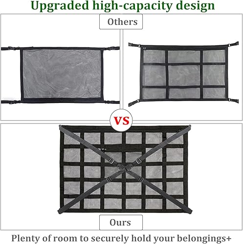 Miniatura 5 de Bolsillo de red de carga para el techo del automóvil con dos correas de hebilla adicionales, correa cruzada ajustable de 35.5 x 25.6 pulgadas, red