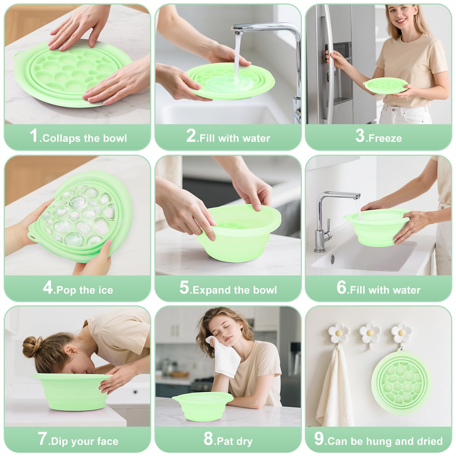 Bol à glace en silicone pour le visage, bol de glace pliable avec plateau à glaçons intégré, bassin de lavage pliable à refroidissement rapide pour apaiser la peau, lavabo pour usage