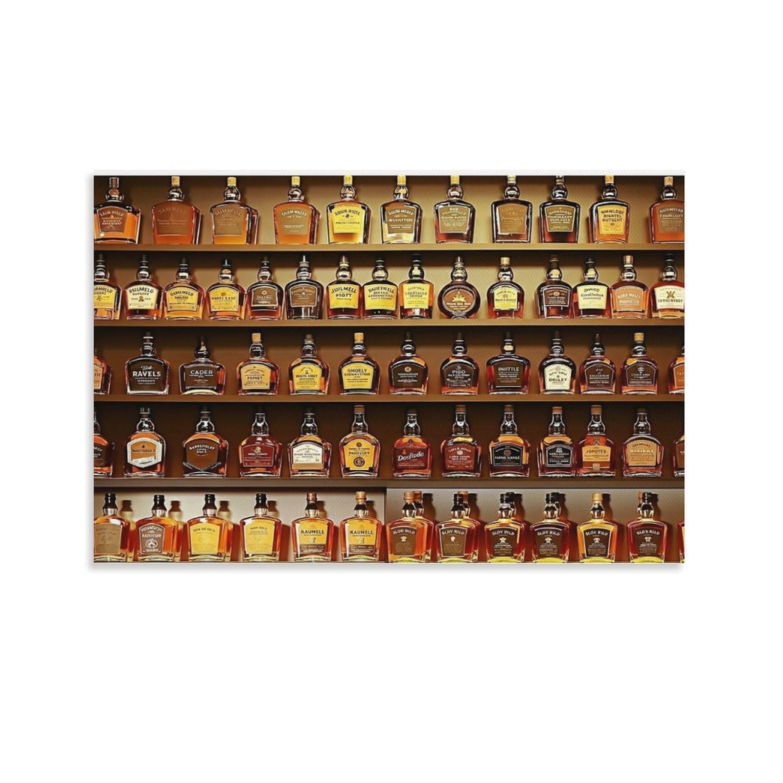 CPLVKWRQJ Whiskey Collection Single Bar Shelves Full of Liquor Bottles Canvas Wall Art - Housewarming Gift Living Room Focal Point Ready to Hang Decor 08x12inch(20x30cm)