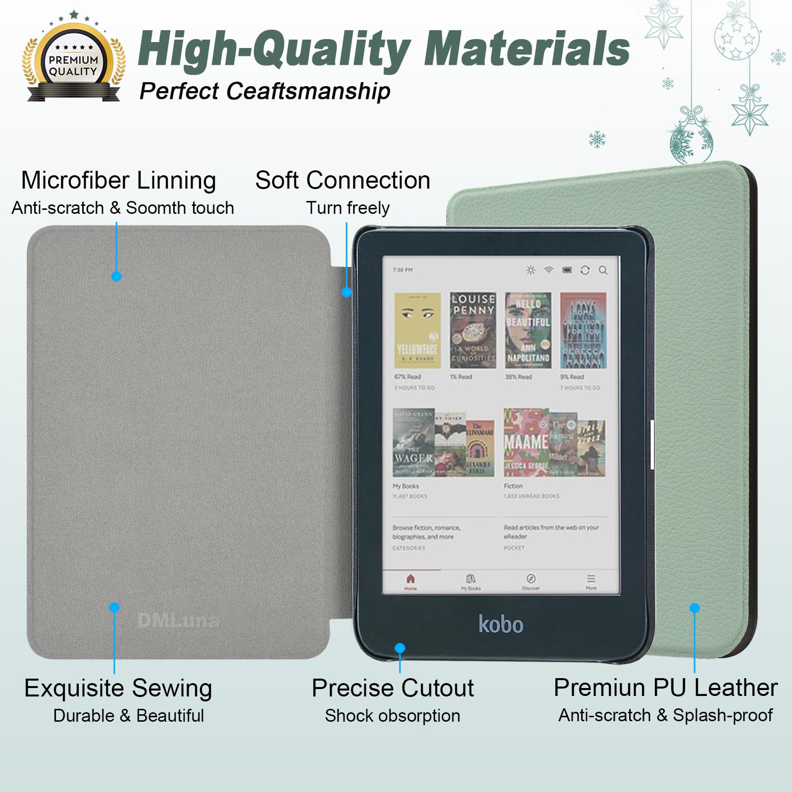 DMluna Funda para Kobo Clara Colour/BW/ 2E, Tolino Shine Colour/Shine 5/4, Cubierta de Cuero PU Premium, Auto Sleep/Wake, Delgada y Ligera, Ajuste Preciso, Verde Agave — view 7