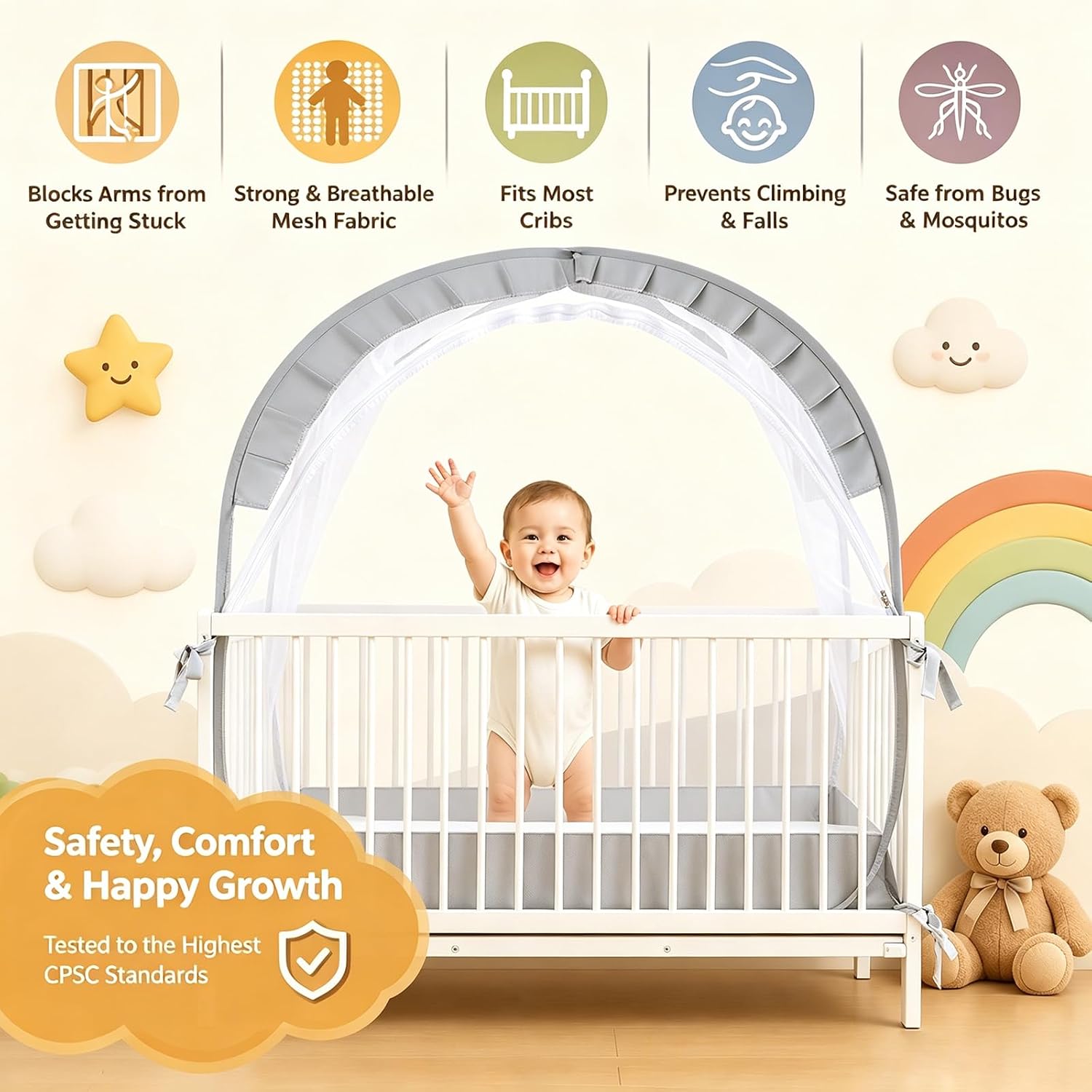 Crib Tent to Keep Baby from Climbing Out, 55" L x 27" W x 51" H, Grey image 2