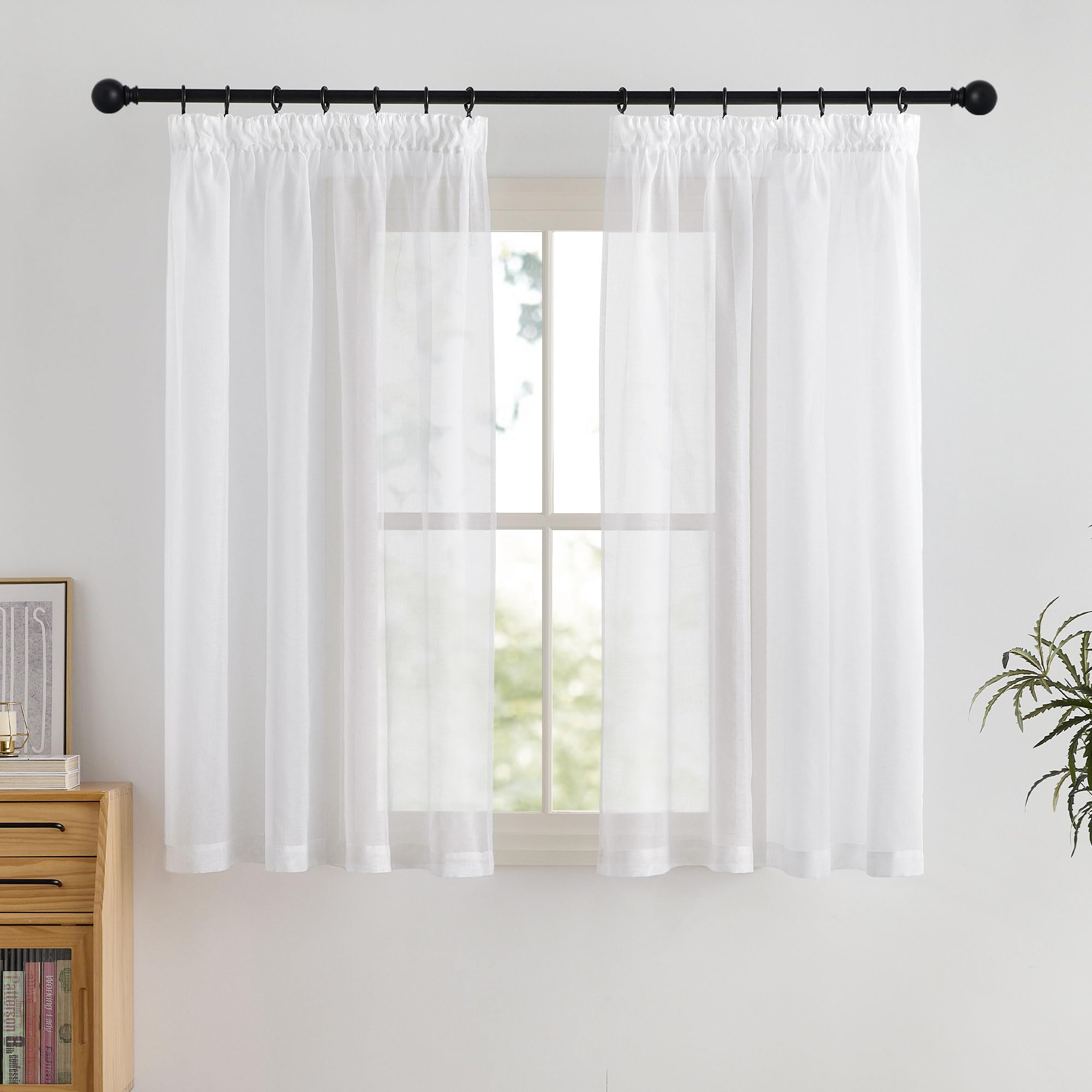 PONY DANCE Cortinas Cortos para Riel con Ganchos de Dormitorio Cortas Cortinas Transparentes con Aspecto de Lino Visillos Blancos Salon 2 Piezas, 140x145cm Global Recycled Standard OEKO-TEX STANDARD 100 Global Recycled Standard Global Recycled Standard