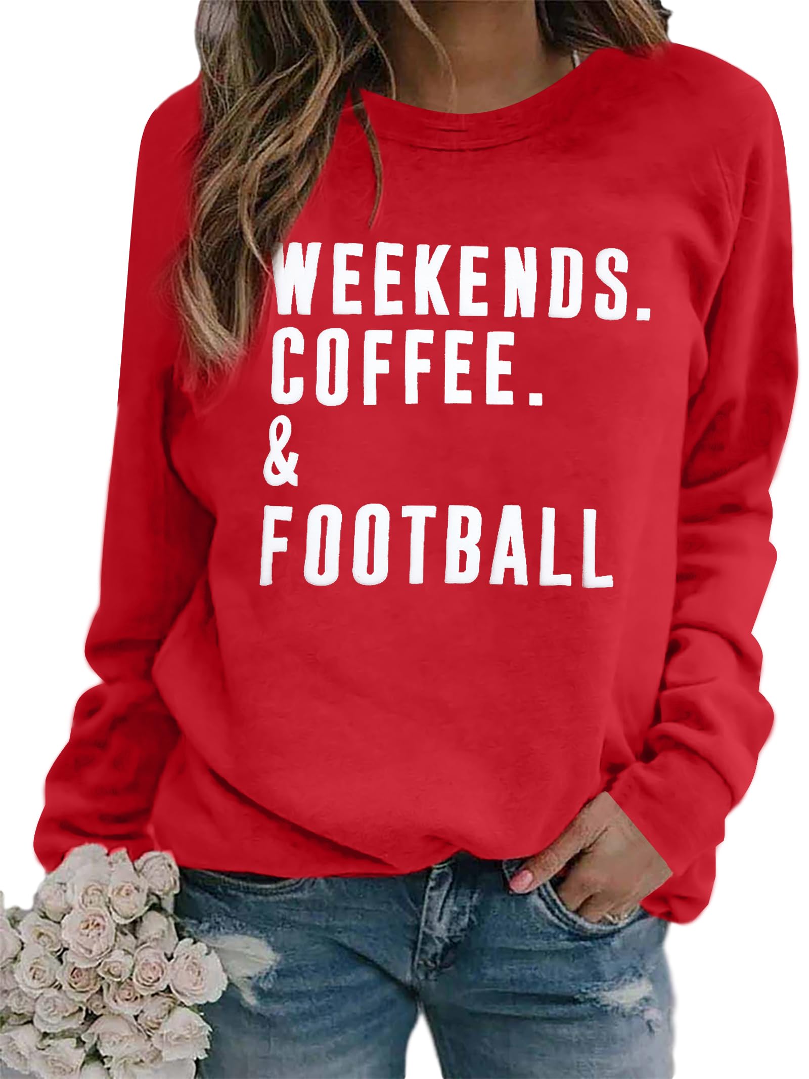 EGELEXYFootball Game Day Sweatshirts Weekends Coffee and Football Sweatshirt Women Football Mom Crewneck Pullover