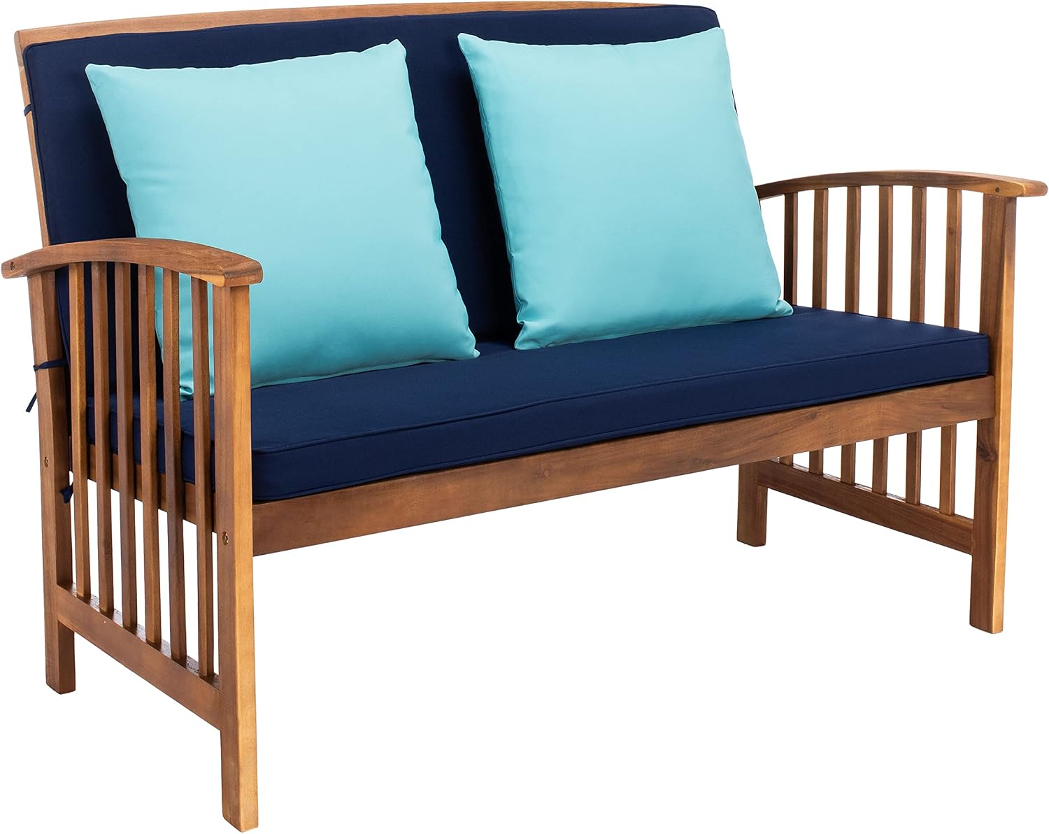 SAFAVIEH Outdoor Collection Rocklin Natural/ Navy Cushions/ Light Blue Pillows 4-Piece Conversation Patio Set