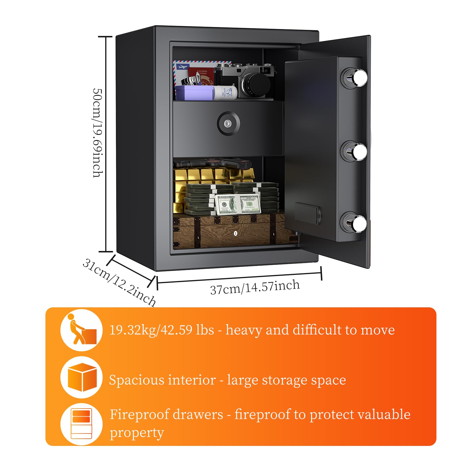 WASJOYE Caja Fuerte Ignífuga, Grande Caja Fuerte con Cajón Resistente al Fuego, Teclado Digital y Llaves, Safe Box Convencionales de Seguridad para el Hogar, Hotel, Dinero, Joyería, Pistola, 57L