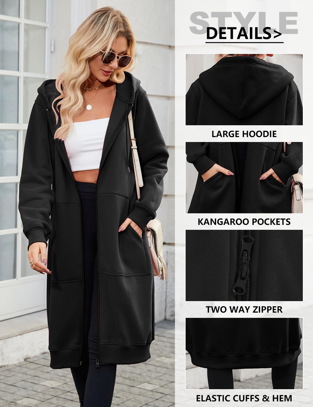 Tuopuda Mujer Largo Sudadera con Capucha Casual Sudadera Larga de Lana con Cremallera Chaqueta de Lana con Bolsillos para Primavera Otoño Invierno Hoodie Suéter