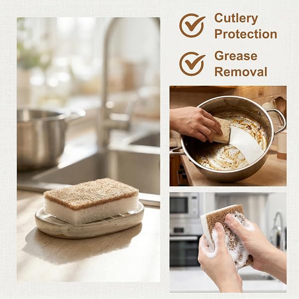 6 Pièces Éponge de Cuisine Naturelle Biodégradable, Éponge à Vaisselle en Cellulose et Noix de Coco, Eponge Naturelle Vaisselle, pour Poêles Antiadhésives, Nettoyer la Cuisine et la Salle de Bain - 4