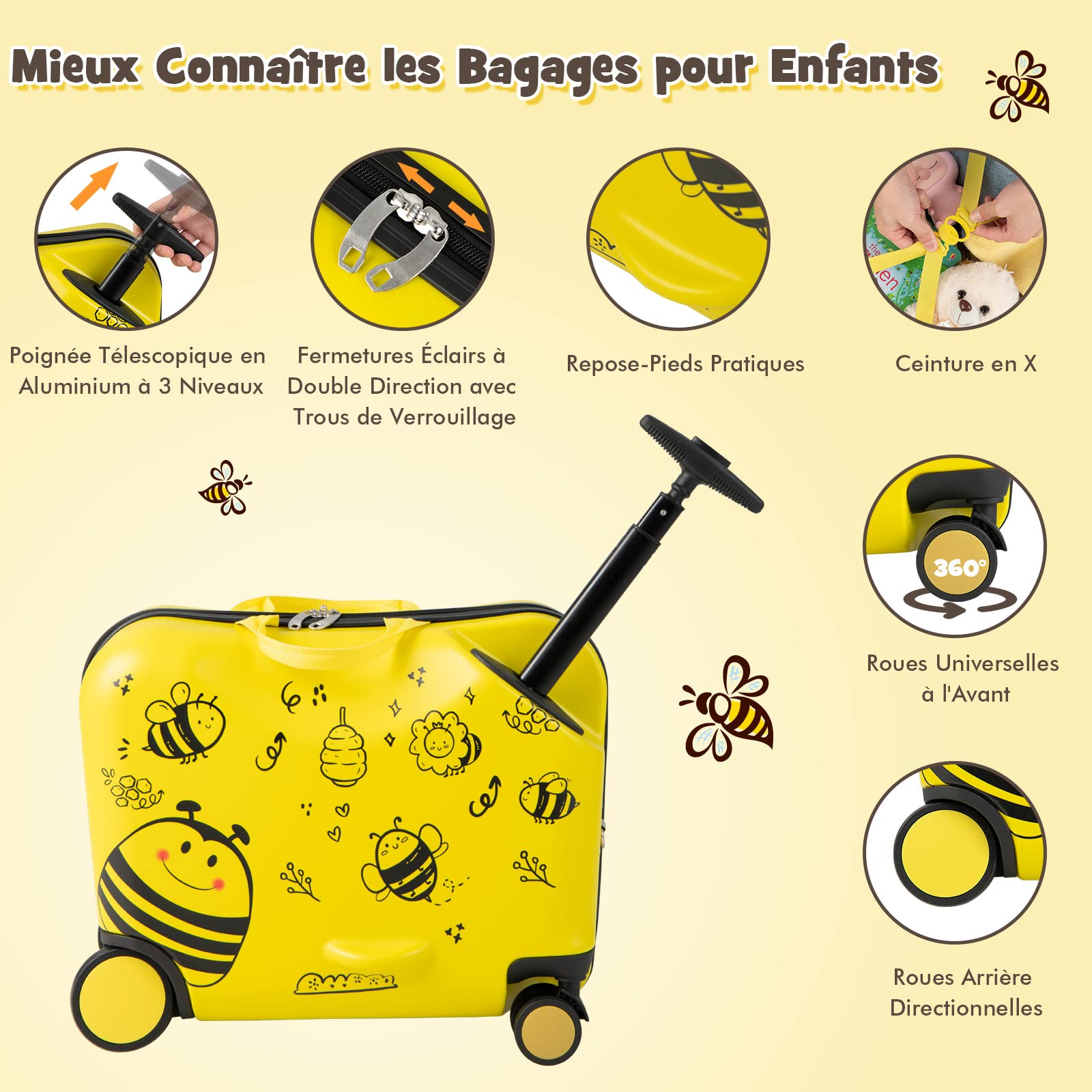 DREAMADE Valise Roulette Enfant 18" et Sac à Dos 12" avec Bandoulière Réglable Bagage Cabine Enfant 3+Ans avec Roues Pivotante 360° Bagage à Main Fille et Garçon Charge 50KG+8KG (Abeille)
