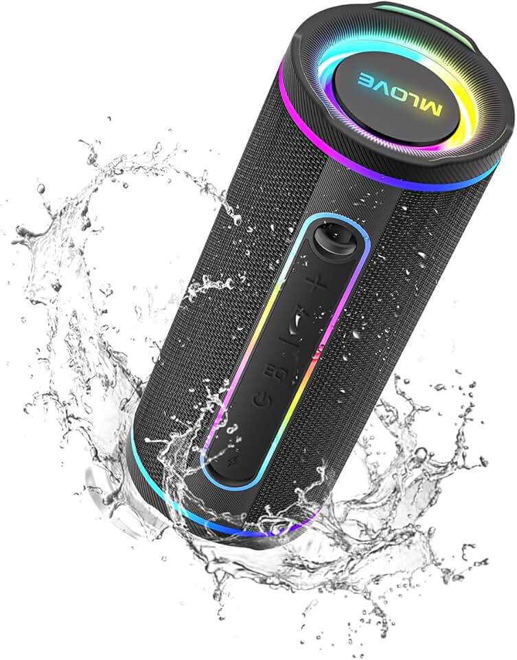 MLOVE E80 Caixas de Som Portáteis Bluetooth, à prova d'água, com luz LED RGB, Estéreo sem Fio, Bluetooth 5.4, 30W Reforço de Graves, Suporte Micro SD, AUX-in, Carregamento via Type-C, Preto