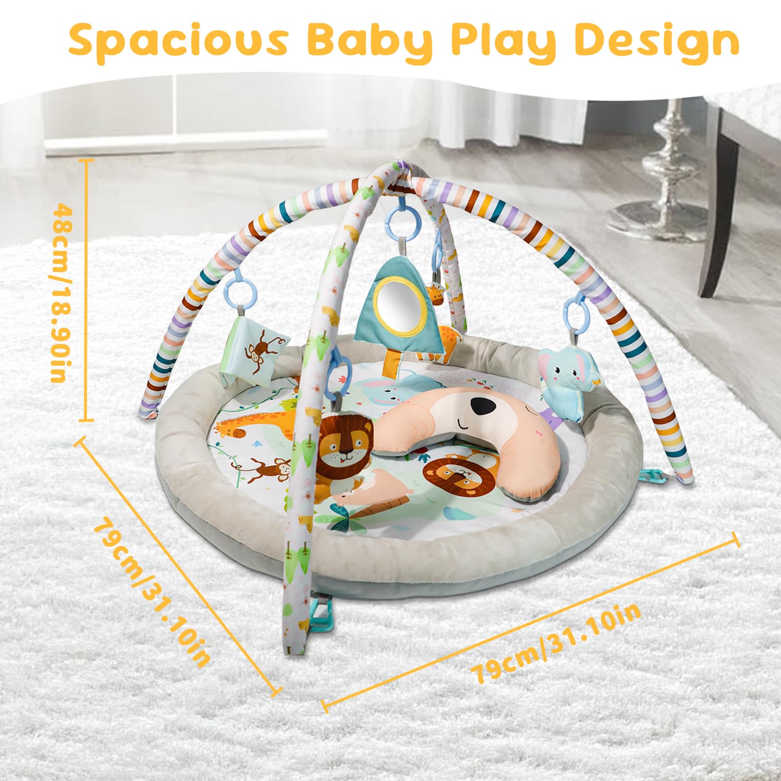 Baby Play Mat, Baby Gym Play Mat for Newborn with Hanging Toys Tummy Time Pillow and Comfy Baby Mats for Floor Play Playmats & Floor Gyms Baby Toys, Baby Activity Gym for 0-36 Months Infants Newborn