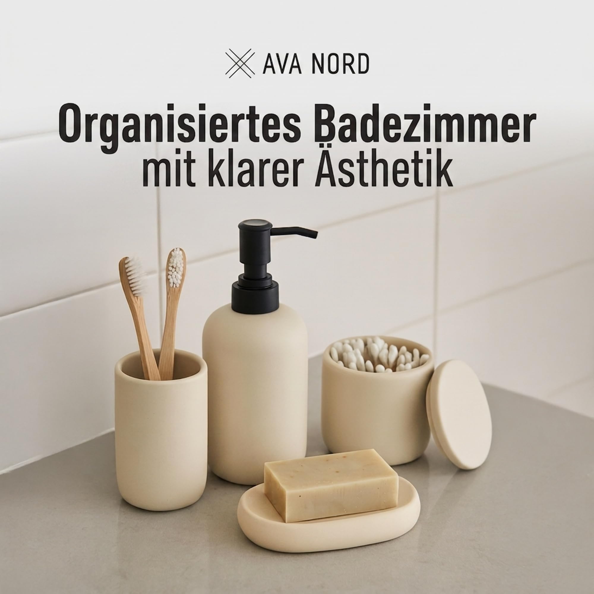 Keramik Badezimmer Organizer Set - 4 Teilig | Seifenspender, Zahnbürstenhalter, Seifenschale & Wattestäbchen-Behälter | Modernes Skandinavische Design | Minimalistisches Badezimmer Accessoire | Beige