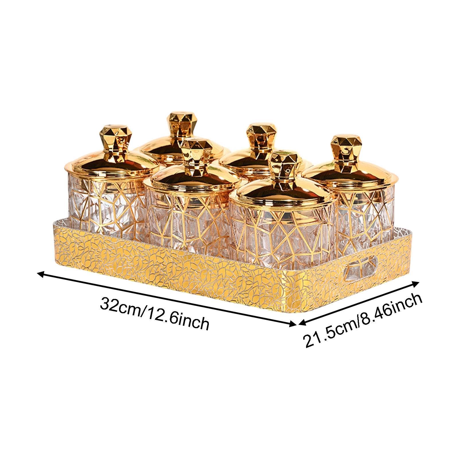 Ensemble de 6 Bocaux Décoratifs Transparents Dorés avec Couvercles, Hermétiques, pour La Conservation Des Fruits Secs et Des Noix.