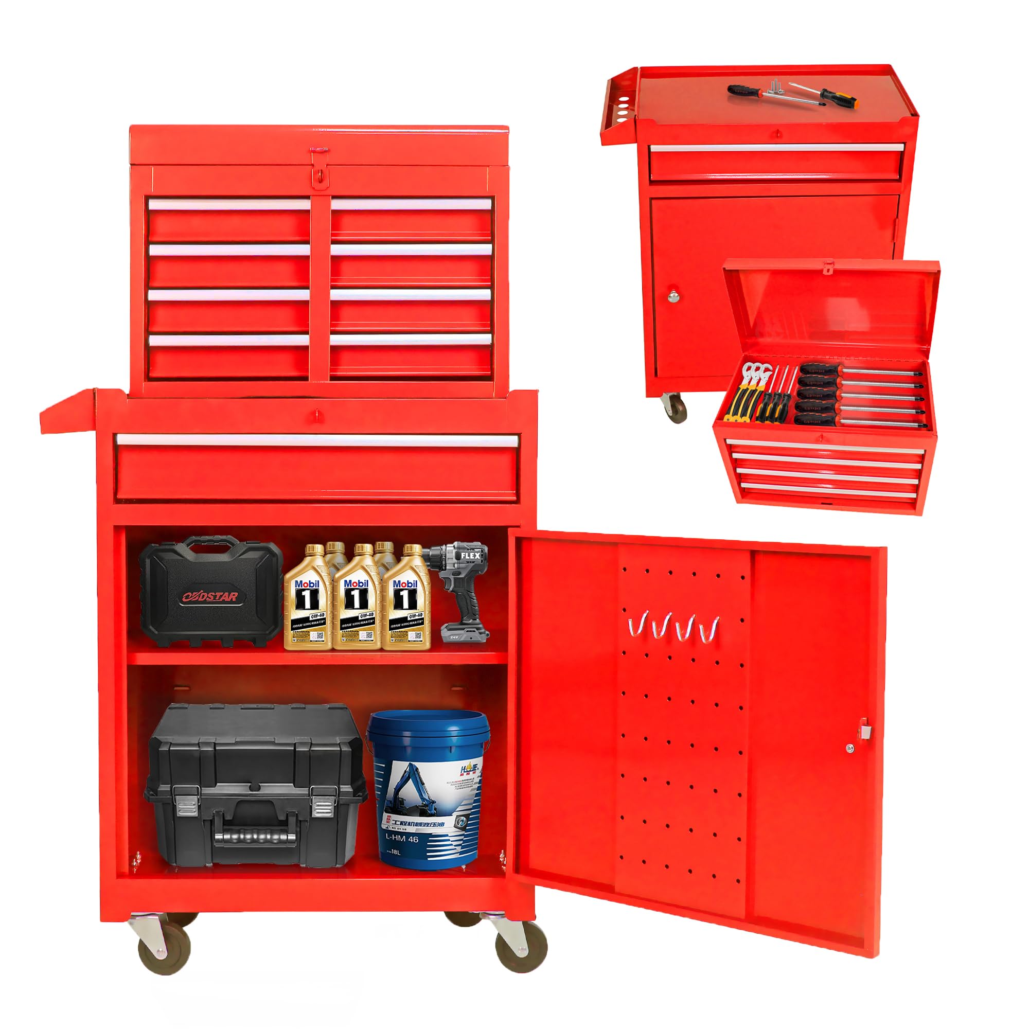 BAOMKONG 5 Drawers Rolling Tool Chest 2-in-1 Tool Box Organizer with Adjustable Shelf and Wheels High Capacity Detachable Mobile Tool Storage Cabinet