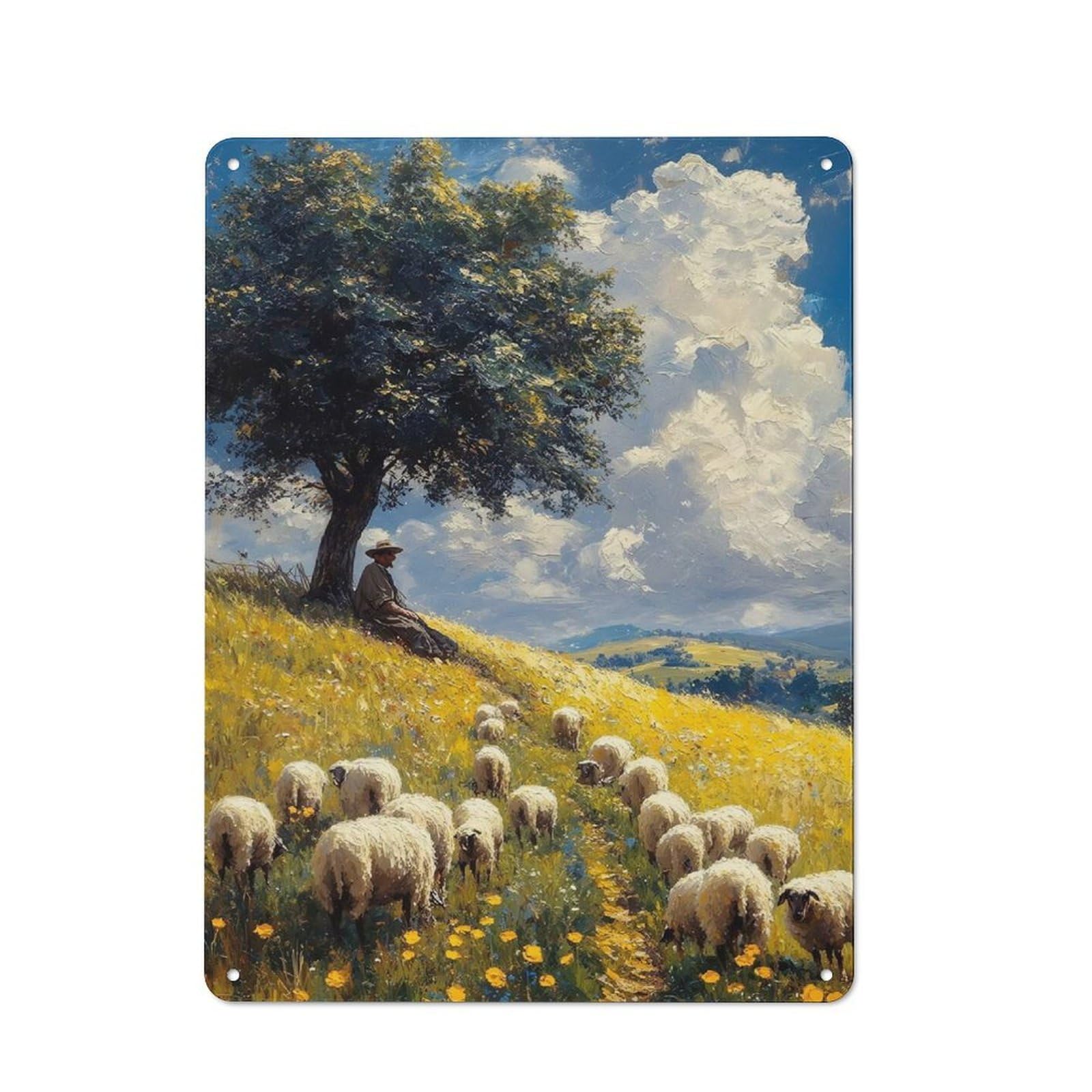 Industrial Shepherd And Sheep in Sunny Landscape Retro Metal Sign 40x30cm, Shed Wall Plaque for Garage, Workshop, Shed Or Utility Room