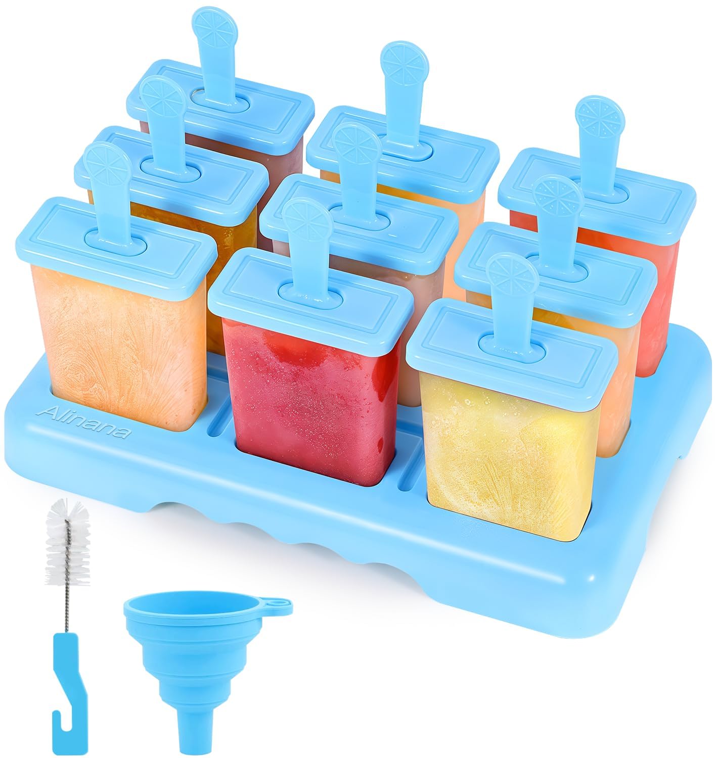 Ice Lolly Moulds with Sticks, 9 Cavities Popsicle Mould, Food Grade BPA-Free Ice Pop Moulds, DIY Ideas Ice Lolly Moulds with Cleaning Brush, A Funnel