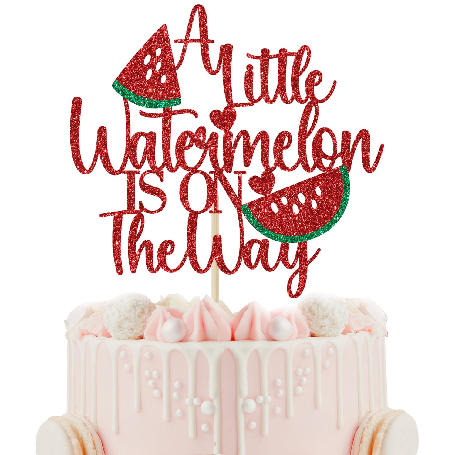 A Little Watermelon is on the Way 케이크 토퍼, 수박 베이비 샤워 장식, One in a Melon, 여름 과일 베이비 샤워 성별 공개 파티 장식 레드 글리터