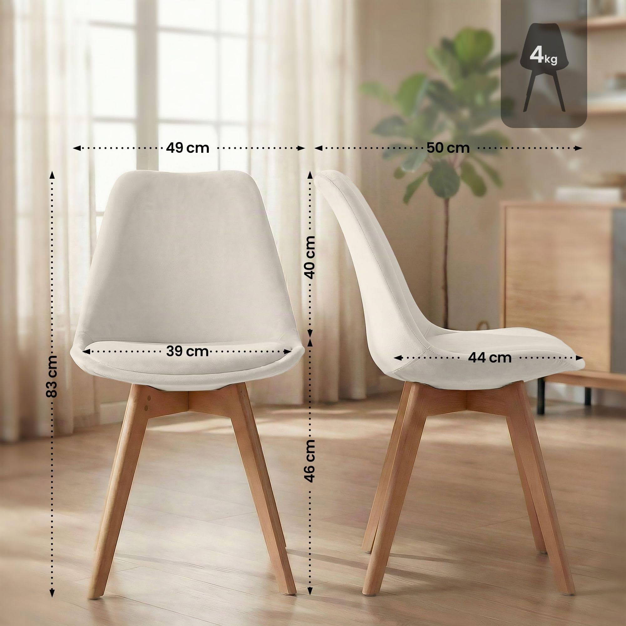 CLP Set De 4 Sillas De Comedor Linares En Terciopelo, Tela o Simil Cuero I 4 Sillas De Salón Nórdica con Base De Madera, Color:Beige, Material:Terciopelo