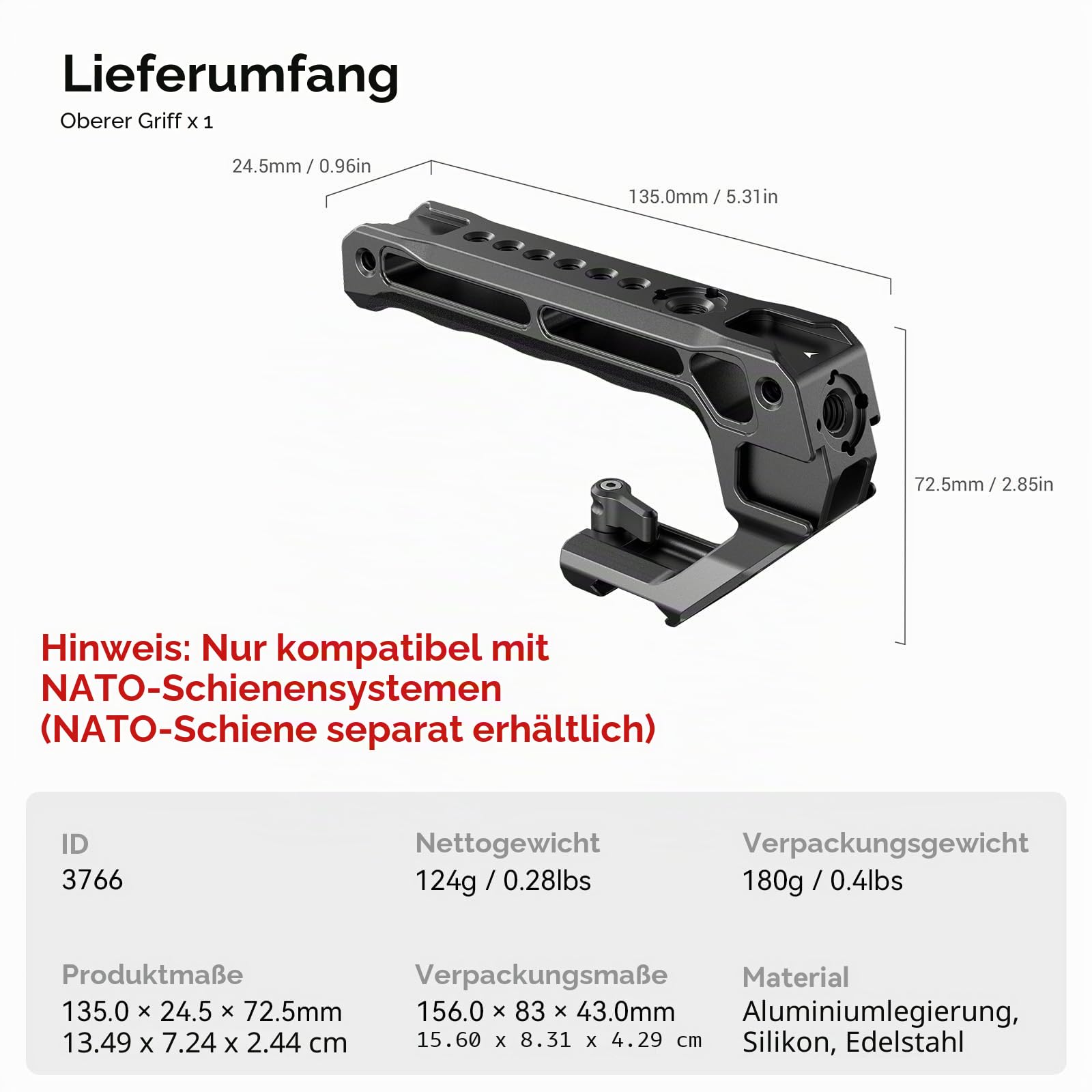 SMALLRIG NATO Top Handle, Griff mit NATO Schnellspanner für Kamerakäfig, universelles Video Rig mit 5 Kaltschuh zur Montage von DSLR Kamera mit Mikrofon, nur 124g (Lite) – 3766