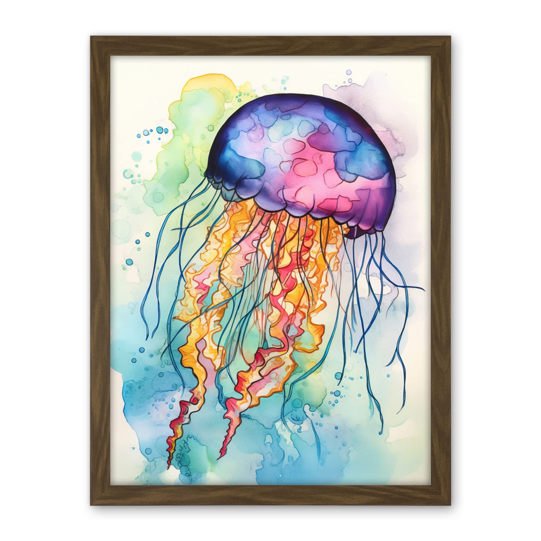 Artery8 Jellyfish Swimming Folk Art Watercolour Painting Artwork Framed Wall Art Print 18X24 Inch