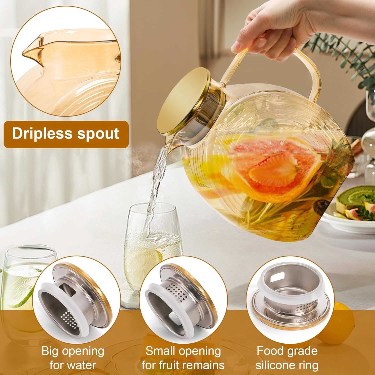 Suwimut Glass Pitcher with Lid and Spout, 2.5 Liter 84 oz Jug Water Pitcher with Handle for Fridge, High Borosilicate Large Glass Carafe Jug for Hot/Cold Water Iced Tea Juice Coffee Milk Beverage - Image 7