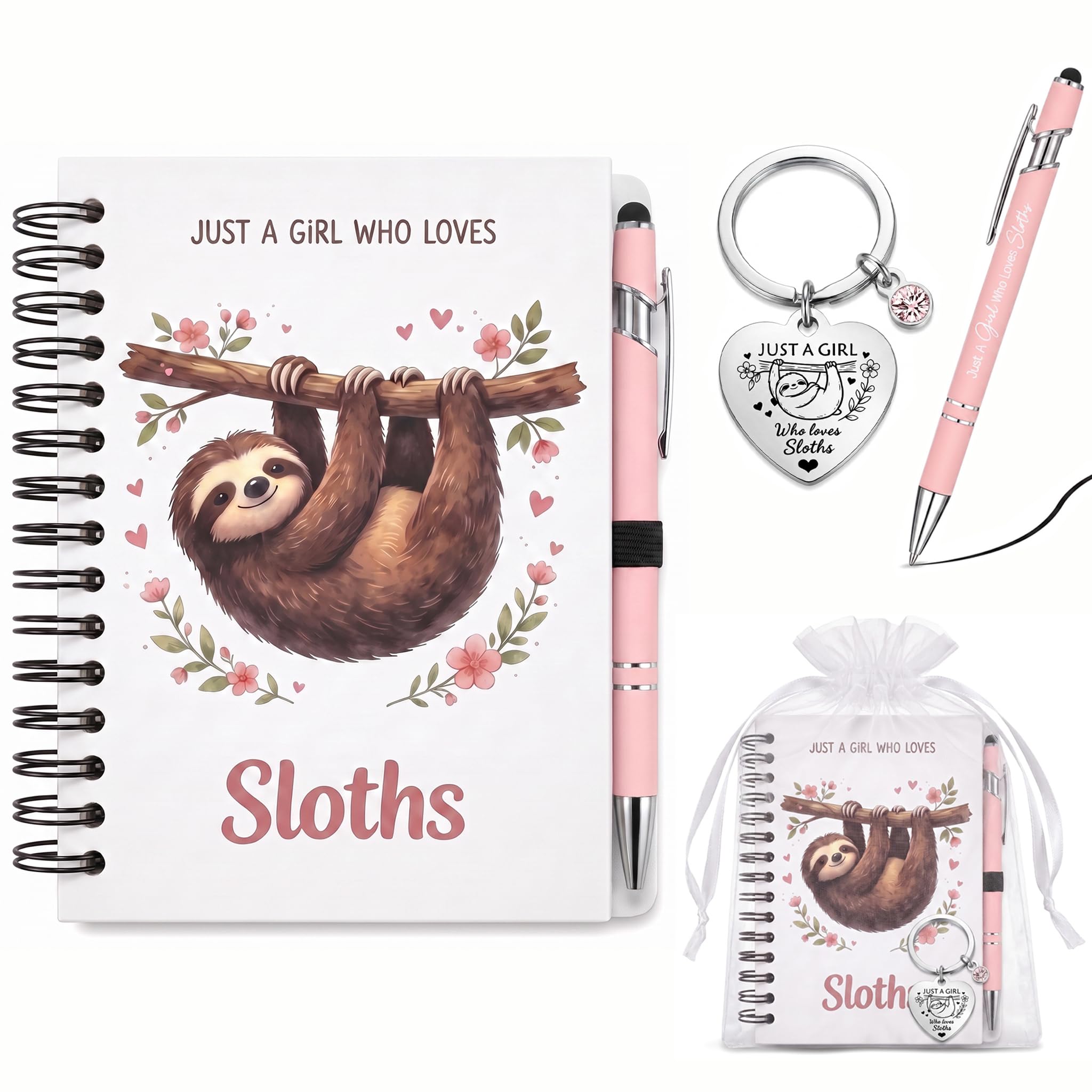 Sloth Gifts Notebook Ballpoint Pen and Keyring Set for Women Girls, Cute